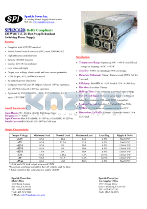 SPR2C620 datasheet - 620 Watts 11, 2U Hot-Swap Redundant Switching Power Supply