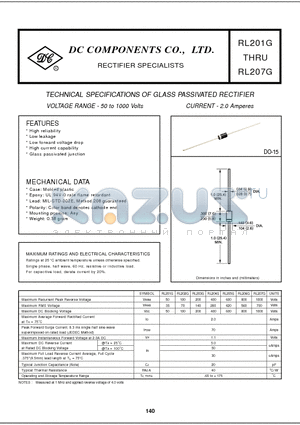 RL205G datasheet - TECHNICAL SPECIFICATIONS OF GLASS PASSIVATED RECTIFIER