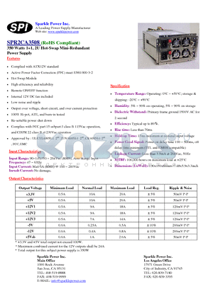 SPR2CA3508 datasheet - 350 Watts 11, 2U Hot-Swap Mini-Redundant Power Supply