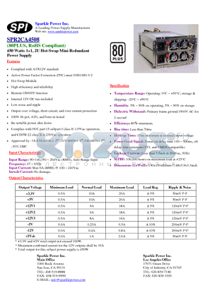 SPR2CA4508 datasheet - 450 Watts 11, 2U Hot-Swap Mini-Redundant Power Supply