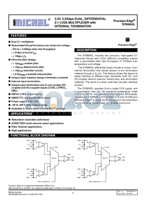 SY89543LMG datasheet - 3.3V, 3.2Gbps DUAL, DIFFERENTIAL 2:1 LVDS MULTIPLEXER with INTERNAL TERMINATION