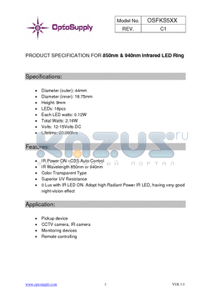 OSFKS5JS datasheet - PRODUCT SPECIFICATION FOR 850nm & 940nm Infrared LED Ring