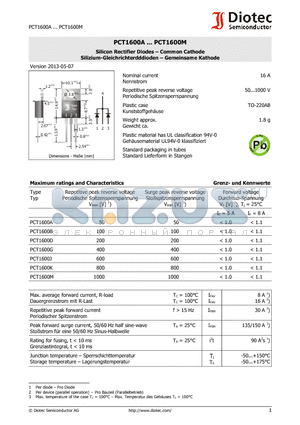 PCT1600A datasheet - Silicon Rectifier Diodes . Common Cathode