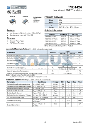 TSB1424_11 datasheet - Low Vcesat PNP Transistor