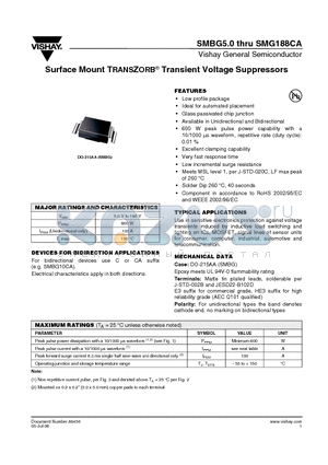 SMBG5.0A-E3/52 datasheet - Surface Mount TRANSZORB^ Transient Voltage Suppressors