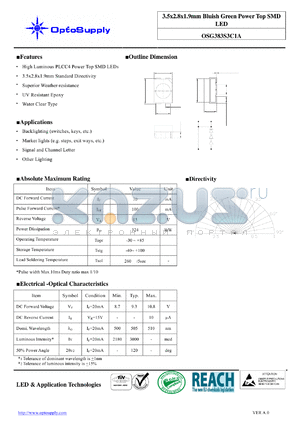 OSG383S3C1A datasheet - 3.5x2.8x1.9mm Bluish Green Power Top SMD LED