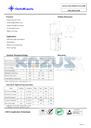 OSG3D35141R datasheet - Tpower 5mm Bluish Green LED