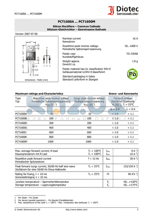 PCT1600A datasheet - Silicon Rectifiers - Common Cathode Silizium-Gleichrichter - Gemeinsame Kathode