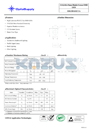 OSG3DAS1C1A datasheet - 3.5x2.8x1.9mm Bluish Green SMD LED