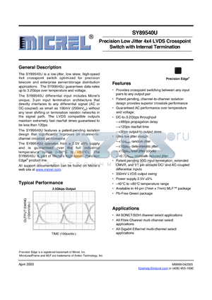 SY89540UMGTR datasheet - Precision Low Jitter 4x4 LVDS Crosspoint Switch with Internal Termination