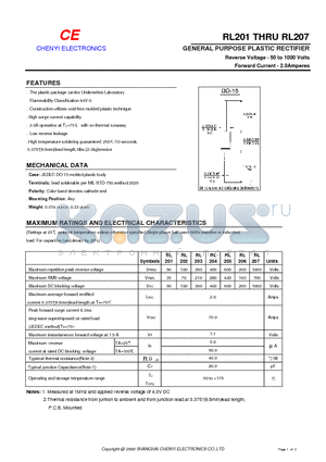 RL207 datasheet - GENERAL PURPOSE PLASTIC RECTIFIER