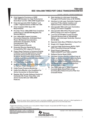 TSB41AB3PFP datasheet - IEEE 1394A-2000 THREE-PORT CABLE TRANSCEIVER / ARBITER