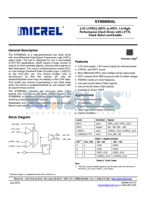 SY89809ALTZTR datasheet - 3.3V LVPECL/HSTL to HSTL 1:9 High-