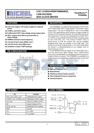 SY89809L datasheet - 3.3V 1:9 HIGH-PERFORMANCE, LOW-VOLTAGE BUS CLOCK DRIVER