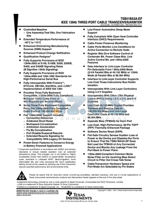 TSB41BA3ATPFPEP datasheet - IEEE 1394b THREE-PORT CABLE TRANSCEIVER/ARBITER