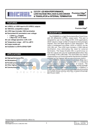 SY89825UHI datasheet - 2.5/3.3V 1:22 HIGH-PERFORMANCE, LOW-VOLTAGE PECL BUS CLOCK DRIVER & TRANSLATOR w/ INTERNAL TERMINATION