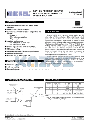 SY89826LHY datasheet - 3.3V 1GHz PRECISION 1:22 LVDS FANOUT BUFFER/TRANSLATOR WITH 2:1 INPUT MUX