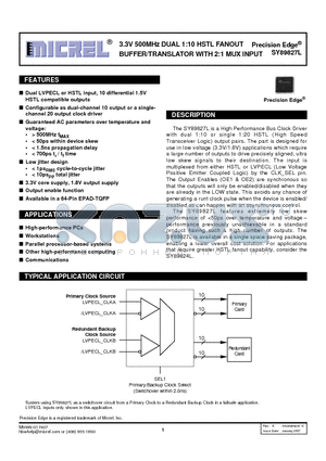 SY89827LHI datasheet - 3.3V 500MHz DUAL 1:10 HSTL FANOUT BUFFER/TRANSLATOR WITH 2:1 MUX INPUT