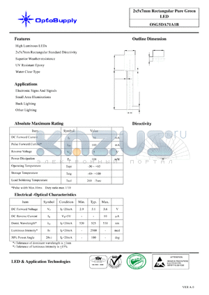 OSG5DA71A1B datasheet - 2x5x7mm Rectangular Pure Green LED