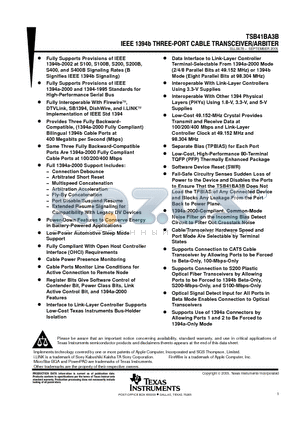 TSB41BA3B datasheet - IEEE 1394b THREE-PORT CABLE TRANSCEIVER/ARBITER