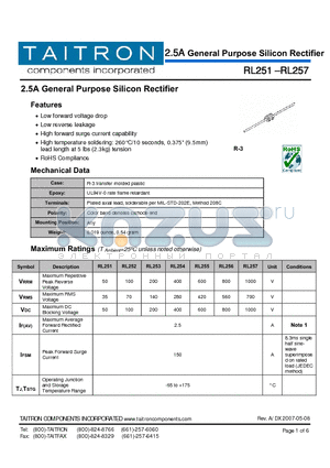 RL251 datasheet - 2.5A General Purpose Silicon Rectifier