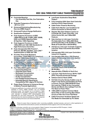 TSB41BA3B-EP datasheet - IEEE 1394b THREE-PORT CABLE TRANSCEIVER/ARBITER 