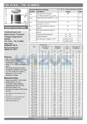 TGL41-20 datasheet - Surface mount diode Unidirectional and bidirectional Transient Voltage Suppressor diodes