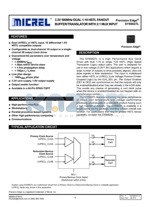 SY89827LHYTR datasheet - 3.3V 500MHz DUAL 1:10 HSTL FANOUT BUFFER/TRANSLATOR WITH 2:1 MUX INPUT