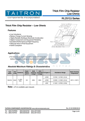 RL2512JR51-XX-TR70 datasheet - Thick Film Chip Resistor  Low Ohmic