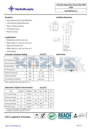 OSG5DTS5C1A datasheet - 3.5x2.8x1.9mm Pure Green Top SMD LED