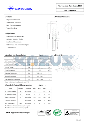 OSG5XA5141R datasheet - Tpower 5mm Pure Green LED