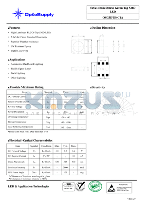 OSG5DTS4C1A datasheet - 5x5x1.5mm Deluxe Green Top SMD LED