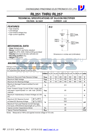 RL252 datasheet - TECHNICAL SPECIFICATIONS OF SILICON RECTIFIER