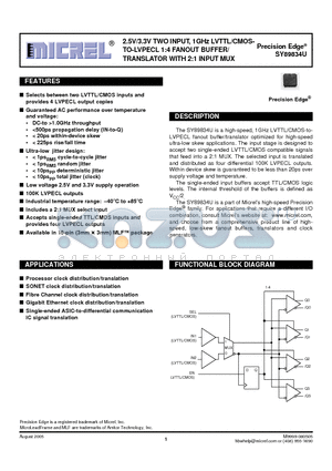 SY89834UMI datasheet - 2.5V/3.3V TWO INPUT, 1GHz LVTTL/CMOSTO-LVPECL 1:4 FANOUT BUFFER/TRANSLATOR WITH 2:1 INPUT MUX