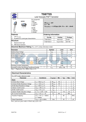 TSB772S datasheet - Low Vce(sat) PNP Transistor