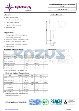 OSG74L5111A datasheet - 5mm Round Fluorescent Green Color LED