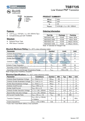 TSB772SCTB0 datasheet - Low Vcesat PNP Transistor