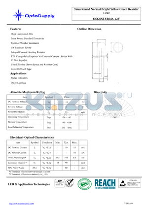 OSG8NU5B64A-12V datasheet - 5mm Round Normal Bright Yellow Green Resistor LED