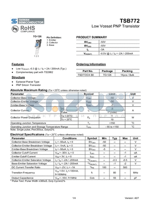 TSB772 datasheet - Low Vcesat PNP Transistor