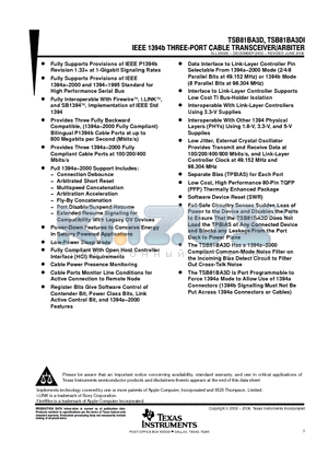 TSB81BA3DPFP datasheet - IEEE 139b THREE-PORT CABLE TRANSCEIVER/ARBITER