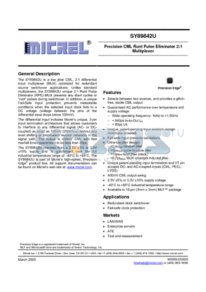 SY89841U datasheet - Precision CML Runt Pulse Eliminator 2:1 Multiplexer