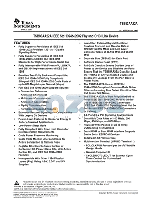 TSB83AA22A datasheet - IEEE Std 1394b-2002 Phy and OHCI Link Device