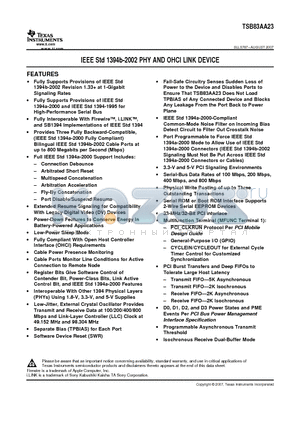 TSB83AA23ZAY datasheet - IEEE Std 1394b-2002 PHY AND OHCI LINK DEVICE