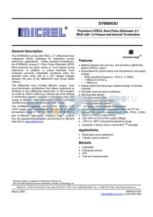 SY89843UMGTR datasheet - Precision LVPECL Runt Pulse Eliminator 2:1 MUX with 1:2 Fanout and Internal Termination