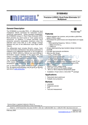 SY89840UMG datasheet - Precision LVPECL Runt Pulse Eliminator 2:1 Multiplexer