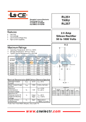 RL254 datasheet - 2.5Amp silicon rectifier 50to1000 volts