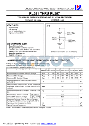 RL254 datasheet - TECHNICAL SPECIFICATIONS OF SILICON RECTIFIER
