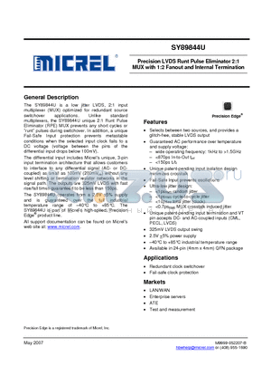 SY89844UMGTR datasheet - Precision LVDS Runt Pulse Eliminator 2:1