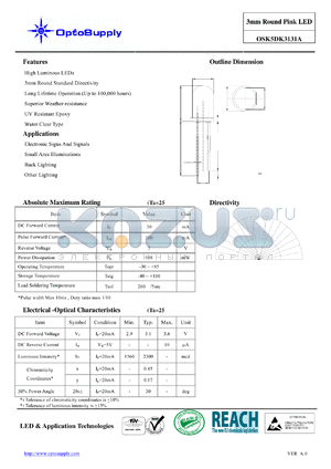 OSK5DK3131A datasheet - 3mm Round Pink LED