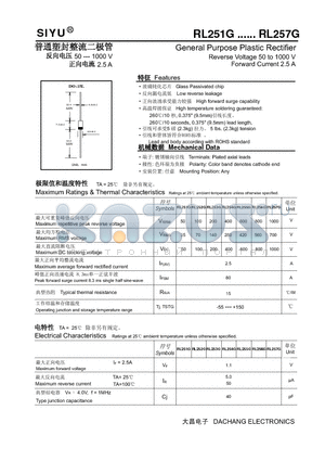 RL254G datasheet - General Purpose Plastic Rectifier Reverse Voltage 50 to 1000 V Forward Current 2.5 A